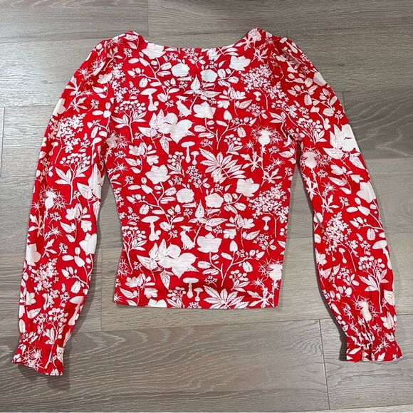Anthropologie Maeve Seamed V-neck Button-Up Red Floral Top Long Sleeve S - Picture 10 of 10